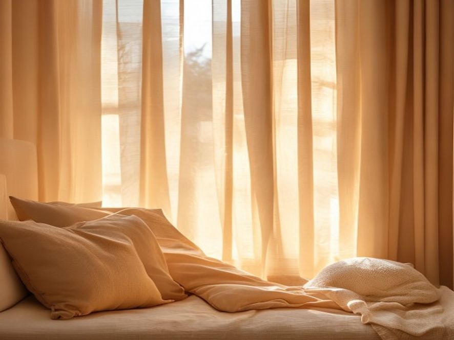 Warm golden hour light through curtains in a quiet room with soft furnishings