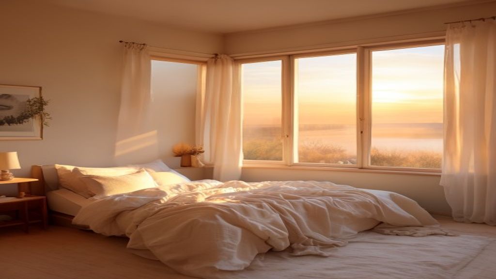 Serene morning light streaming through a window over a calm bedroom space